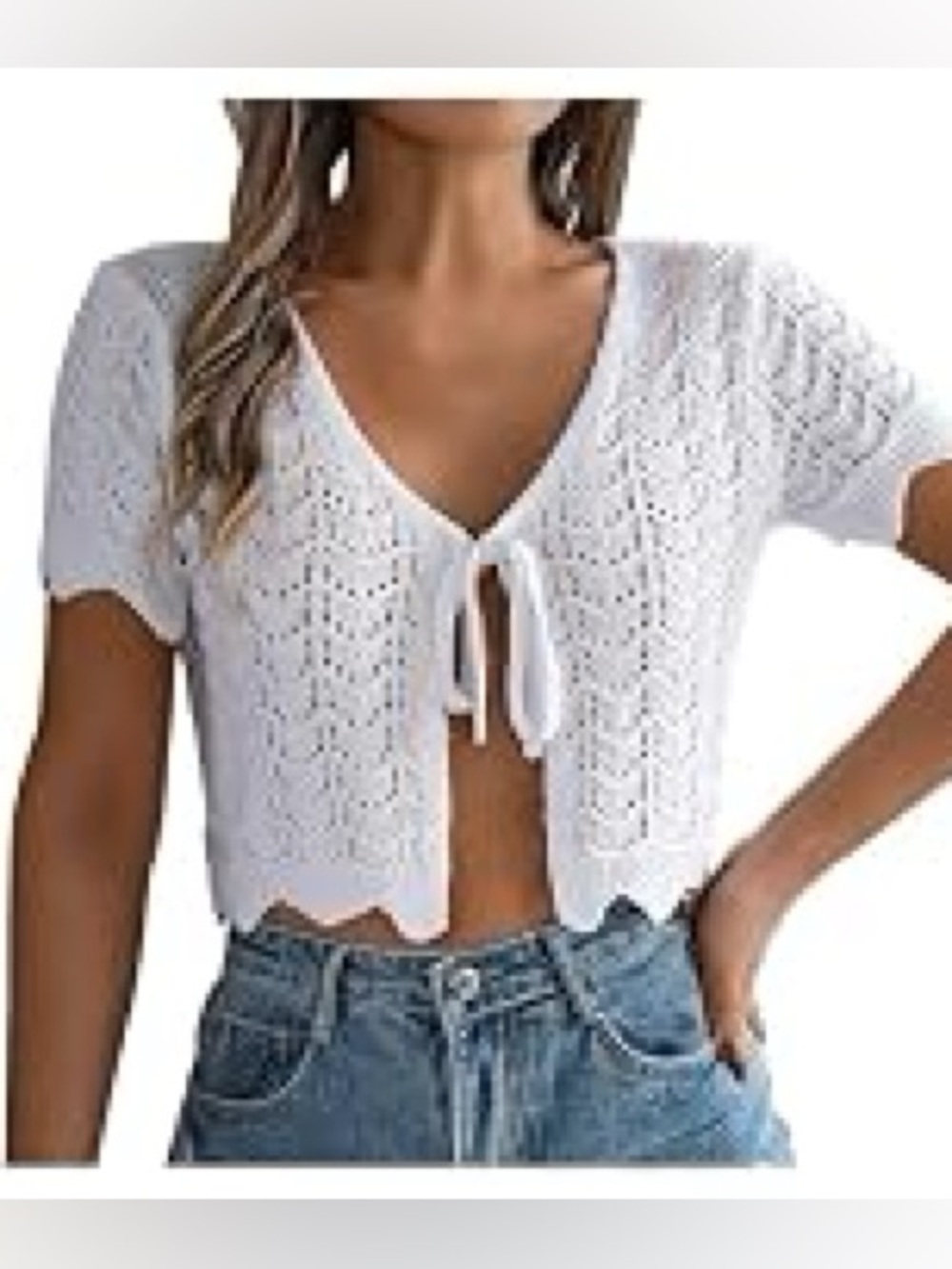 Love Tree White Pointelle Open Knit Tie Front Crop Cardigan Sz L NWT